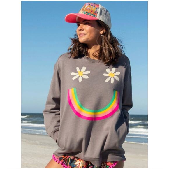 Natural Life Women’s Sz S Gray Rainbow Smile Sweatshirt Pockets Daisy Comfy - Picture 1 of 11
